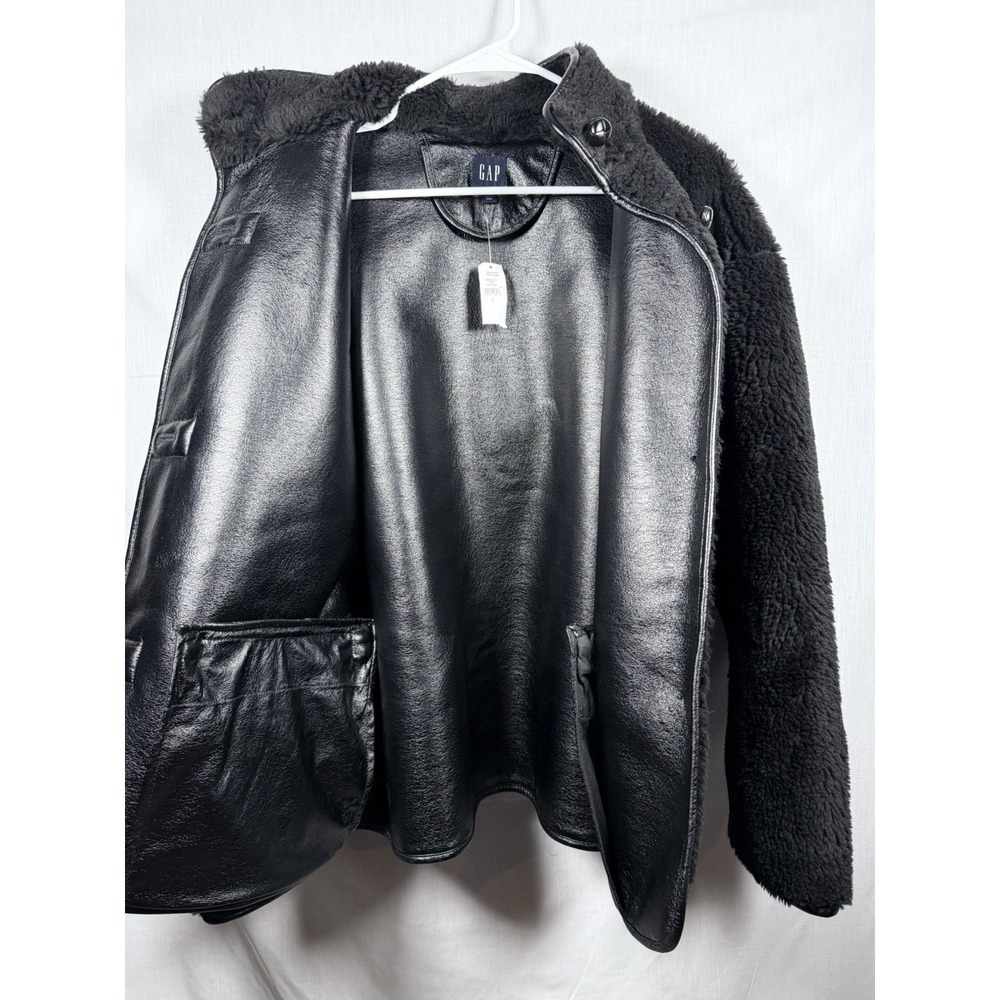 GAP Recycled Sherpa Vegan Leather Trim Jacket Womens L Black Cozy Coat - Picture 11 of 15